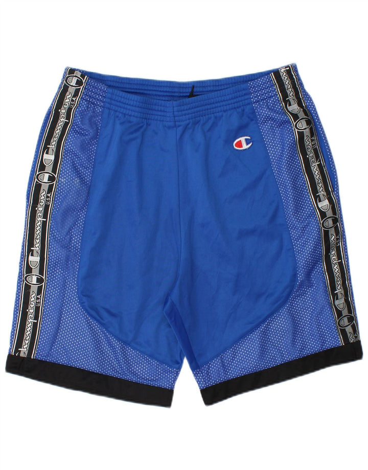 CHAMPION Mens Graphic Sport Shorts Large  Blue Colourblock Polyester