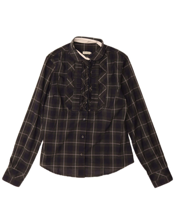 Henry Cottons Womens Ruffle Front Shirt IT 48 XL Navy Blue Check Cotton