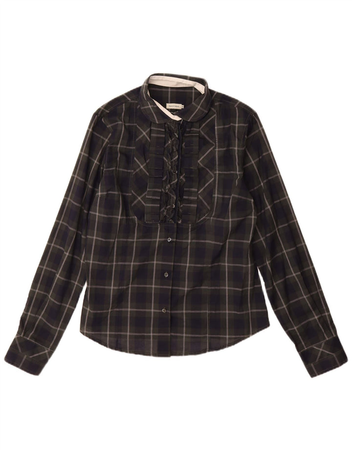 Henry Cottons Womens Ruffle Front Shirt IT 48 XL Navy Blue Check Cotton