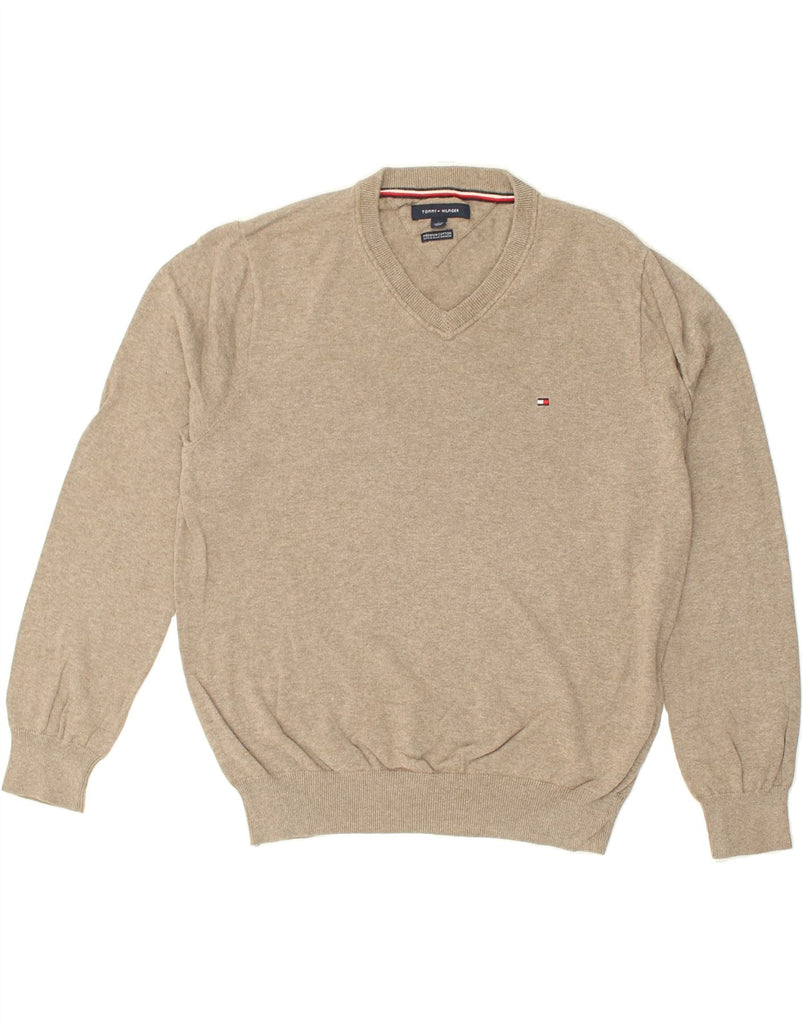 TOMMY HILFIGER Mens V-Neck Jumper Sweater Medium Beige Cotton | Vintage Tommy Hilfiger | Thrift | Second-Hand Tommy Hilfiger | Used Clothing | Messina Hembry 