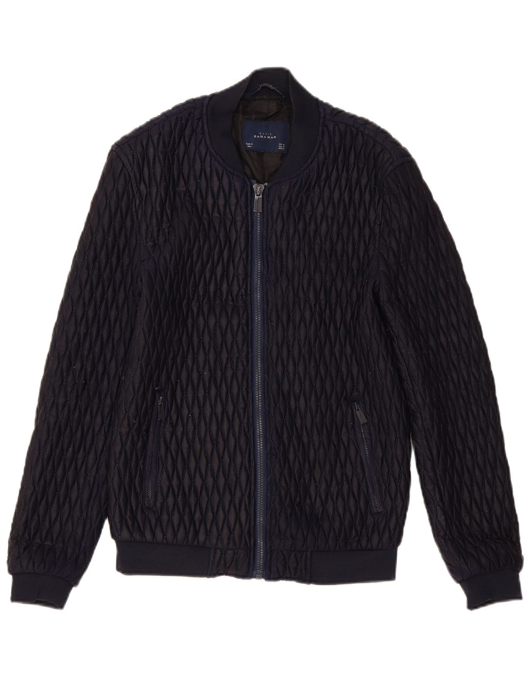 Zara Mens Bomber Quilted Jacket UK 38 Medium Navy Blue Polyester