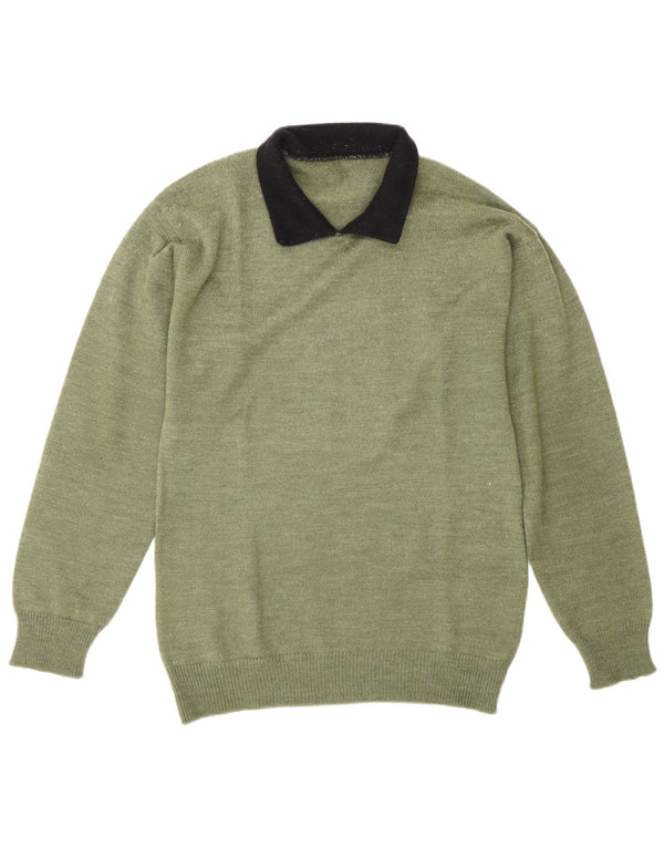 Vintage Mens Polo Neck Jumper Sweater Medium Green Colourblock