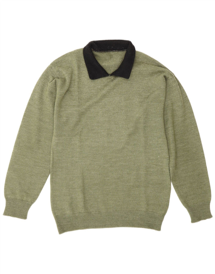Vintage Mens Polo Neck Jumper Sweater Medium Green Colourblock