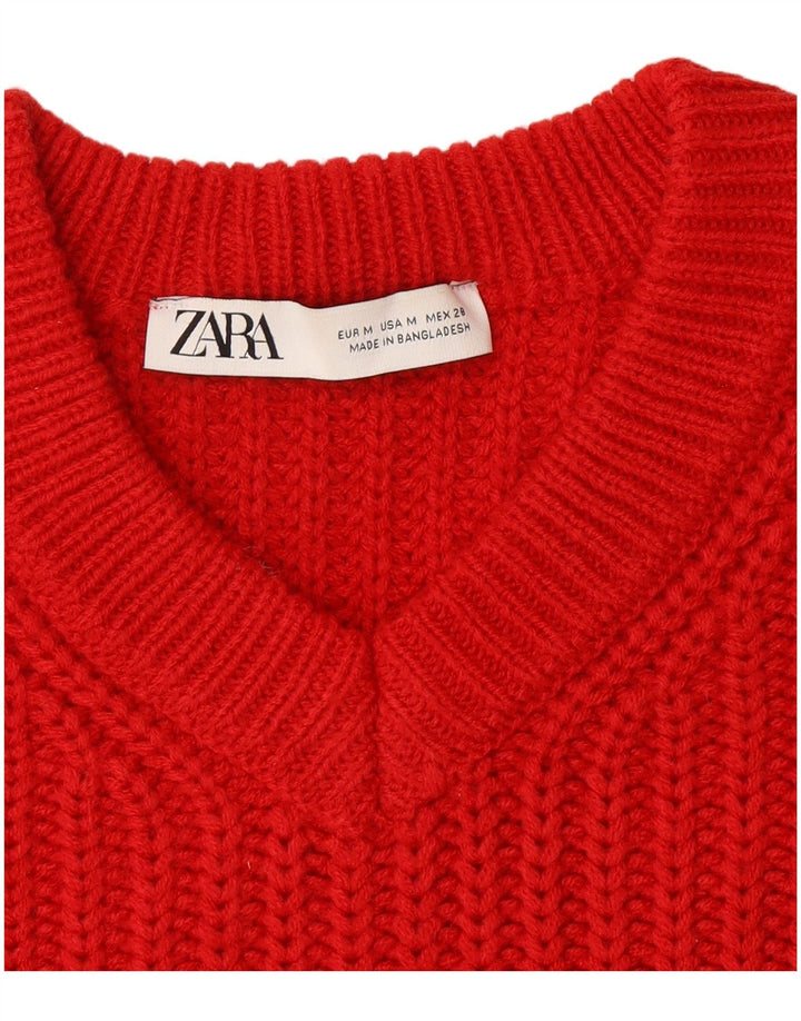 Zara Womens Crop Oversized V-Neck Jumper Sweater UK 14 Medium Red