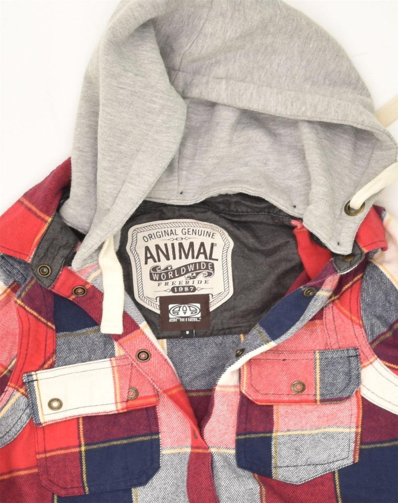 ANIMAL Womens Overshirt Hooded Flannel Shirt UK  8 Small Red Check Cotton | Vintage Animal | Thrift | Second-Hand Animal | Used Clothing | Messina Hembry 