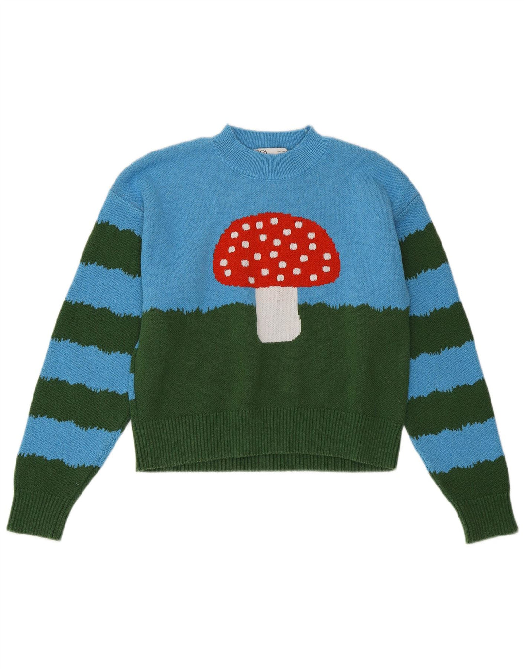 ZARA Womens Crop Crew Neck Jumper Sweater UK 10 Small Blue Colourblock