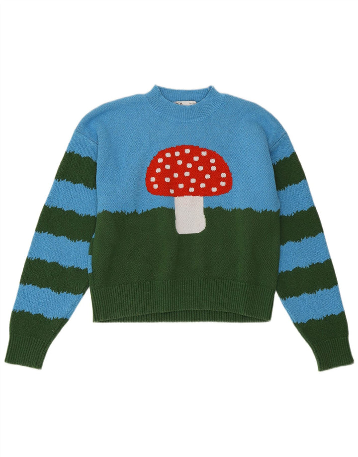 ZARA Womens Crop Crew Neck Jumper Sweater UK 10 Small Blue Colourblock