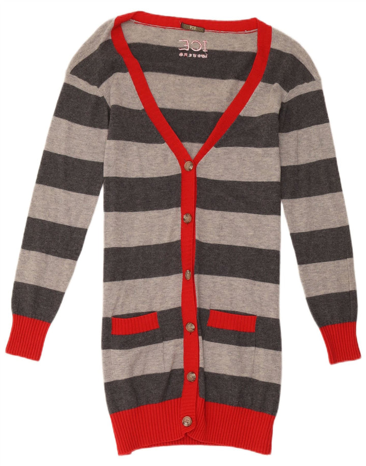 Iceberg Womens Longline Cardigan Sweater UK 10 Small Grey Striped Wool