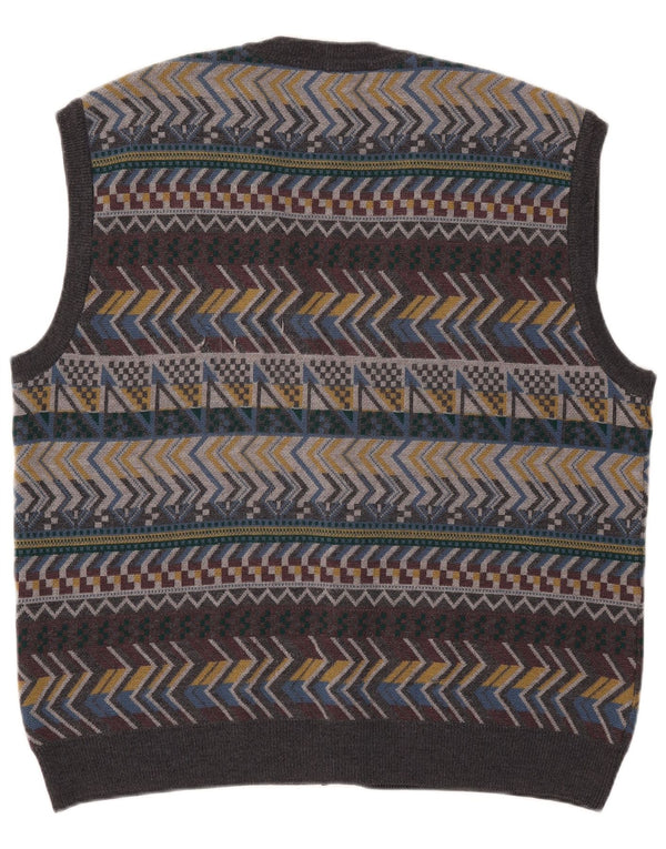 Vintage Mens Sleeveless Cardigan Sweater IT 56 XL Grey Geometric Wool