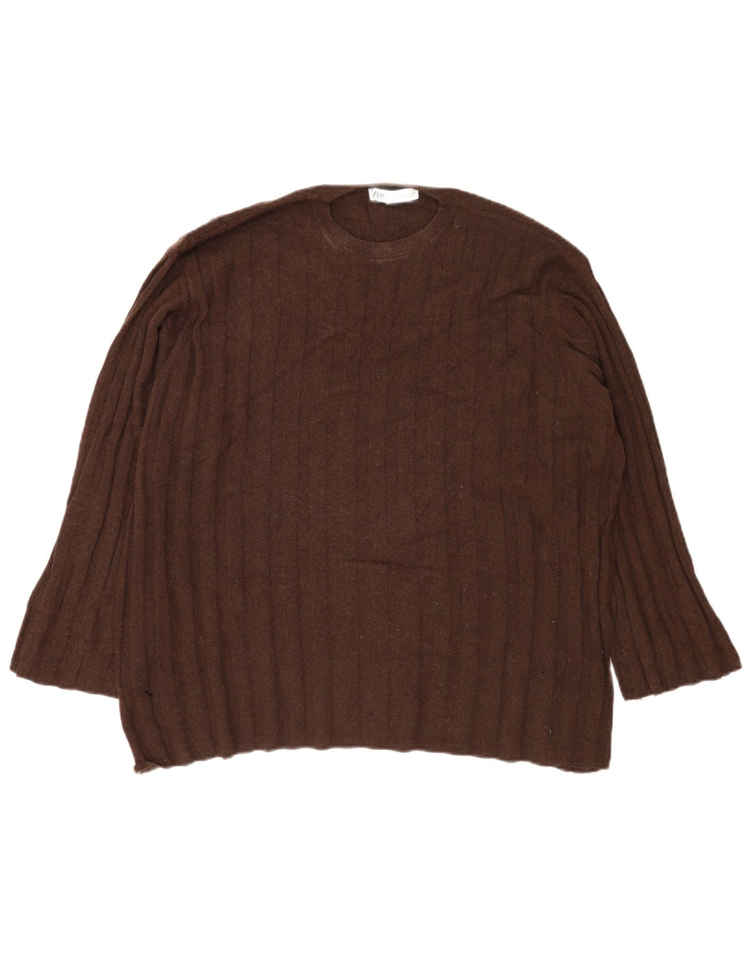 Zara Womens Oversized Crew Neck Jumper Sweater UK 14 Medium Brown Polyamide