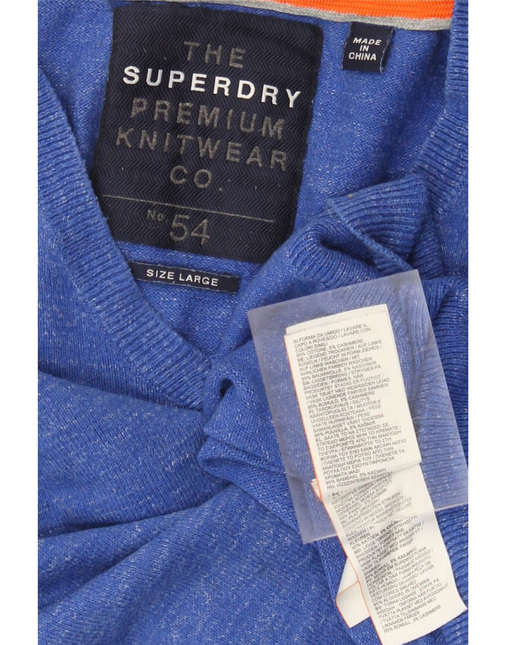 Superdry Mens V-Neck Jumper Sweater Large Blue Flecked Cotton