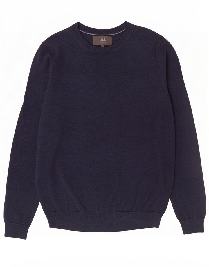 Marks & Spencer Mens Boat Neck Jumper Sweater Medium Navy Blue Merino Wool