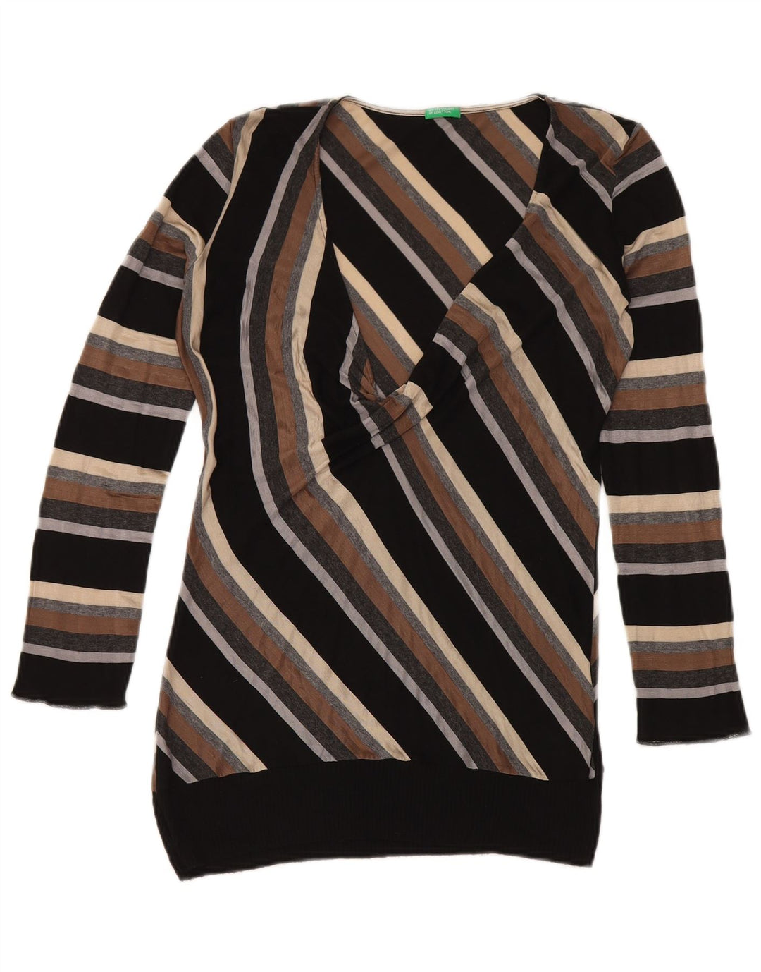 Benetton Womens V-Neck Jumper Sweater UK 14 Large Multicoloured Striped