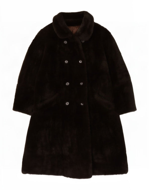 Vintage Womens Faux Fur Double Breasted Coat UK 16 Large Brown