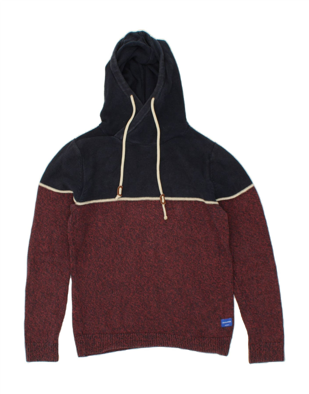 JACK & JONES Mens Hooded Jumper Sweater Small Burgundy Colourblock Cotton Vintage Jack & Jones and Second-Hand Jack & Jones from Messina Hembry 