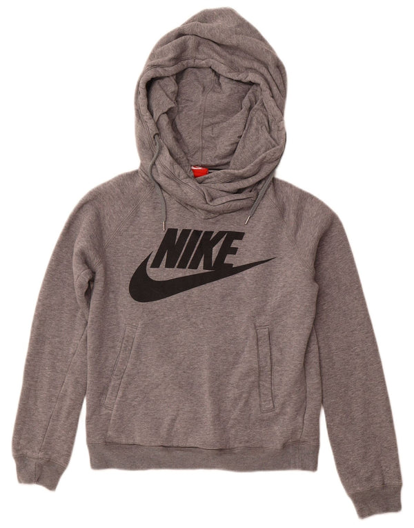 NIKE Womens Graphic Hoodie Jumper UK 10 Small Grey Cotton