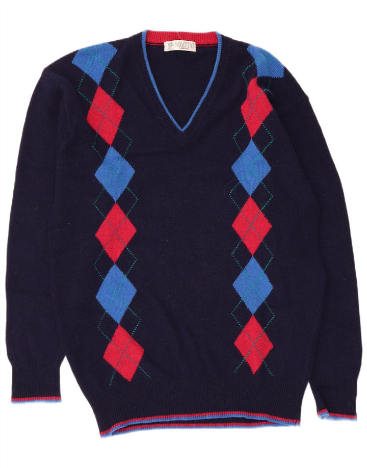 Vintage Mens V-Neck Jumper Sweater Medium Navy Blue Argyle/Diamond