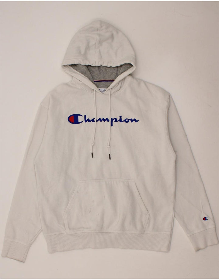 CHAMPION Mens Graphic Hoodie Jumper Large White Cotton Vintage Champion and Second-Hand Champion from Messina Hembry 