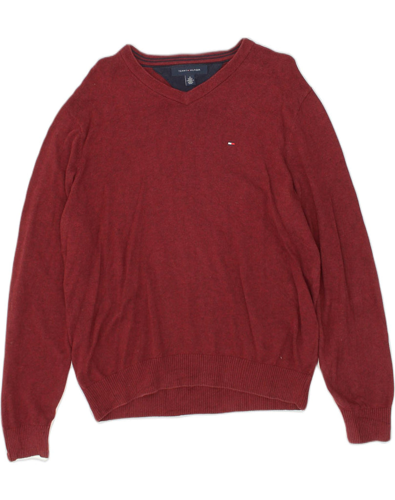 TOMMY HILFIGER Mens V-Neck Jumper Sweater Medium Burgundy Cotton | Vintage Tommy Hilfiger | Thrift | Second-Hand Tommy Hilfiger | Used Clothing | Messina Hembry 