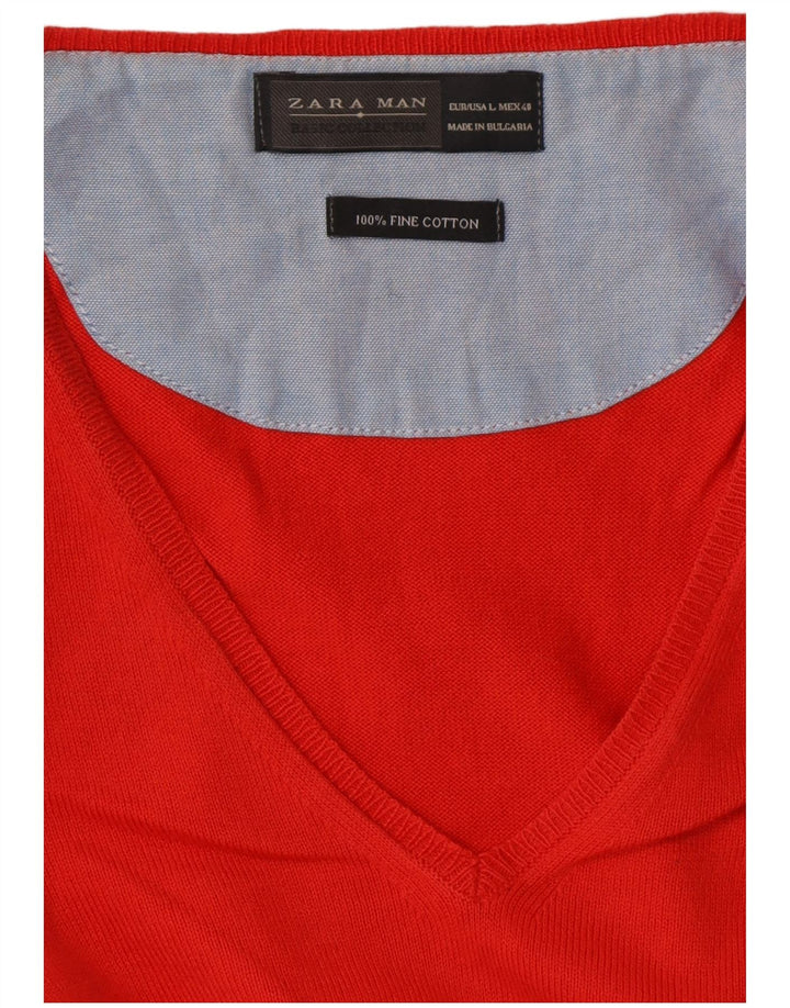 ZARA Mens V-Neck Jumper Sweater Large Red Cotton