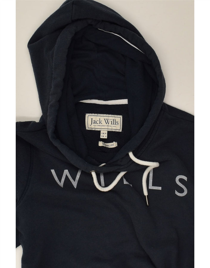 JACK WILLS Womens Classic Fit Graphic Hoodie Jumper UK 8 Small Navy Blue | Vintage Jack Wills | Thrift | Second-Hand Jack Wills | Used Clothing | Messina Hembry 