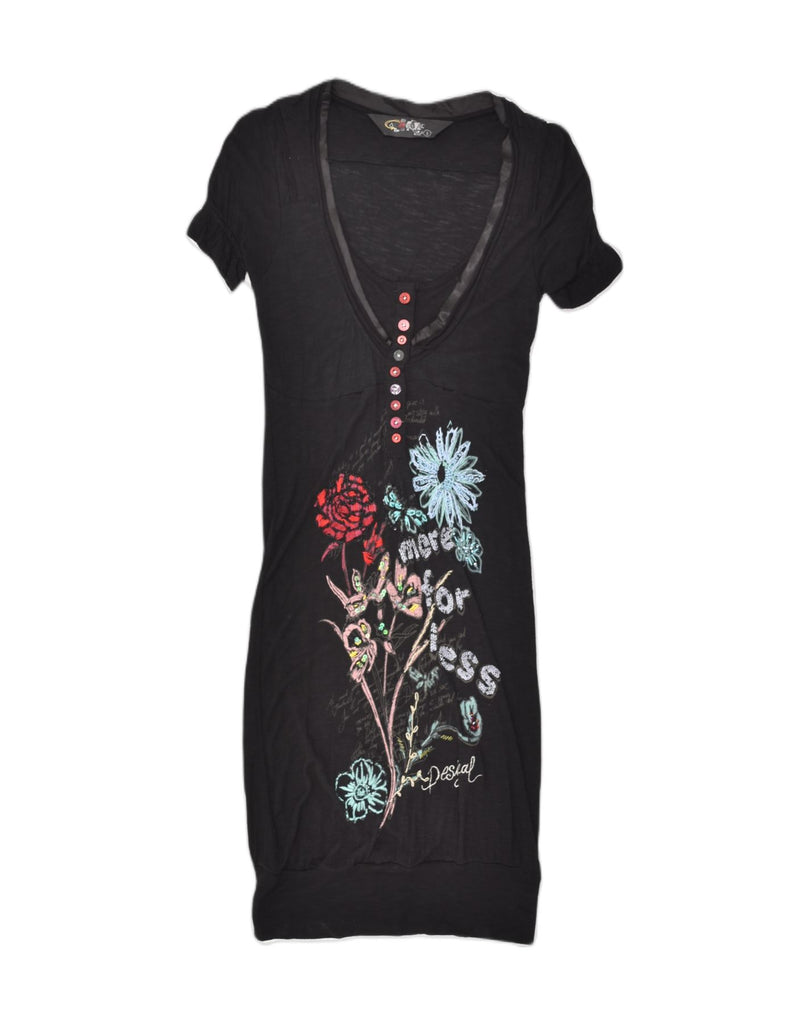 DESIGUAL Womens Graphic Bodycon Dress UK 8 Small Black Floral | Vintage Desigual | Thrift | Second-Hand Desigual | Used Clothing | Messina Hembry 