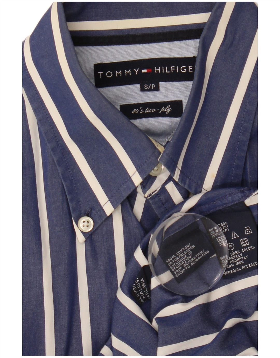 TOMMY HILFIGER Mens Shirt Small Navy Blue Pinstripe Cotton 80s