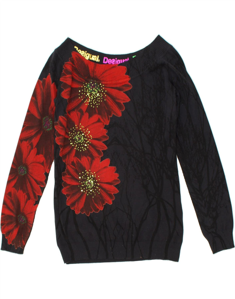 DESIGUAL Womens Boat Neck Jumper Sweater UK 14 Large Black Floral Cotton | Vintage Desigual | Thrift | Second-Hand Desigual | Used Clothing | Messina Hembry 