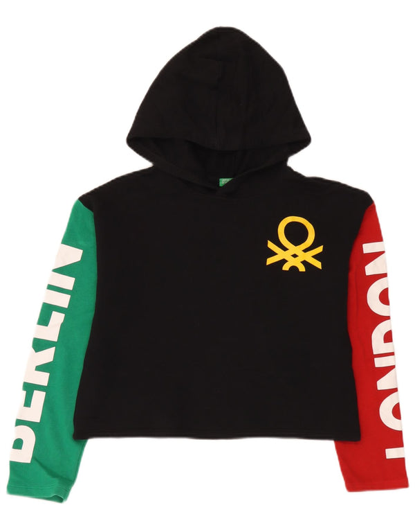 Benetton Girls Crop Graphic Hoodie Jumper 10-11 Years XL Black Colourblock