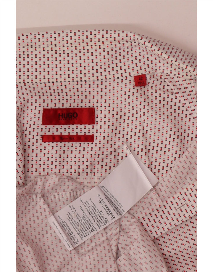 HUGO BOSS Mens Slim Fit Shirt Size 42 16 1/2 Large White Spotted Cotton