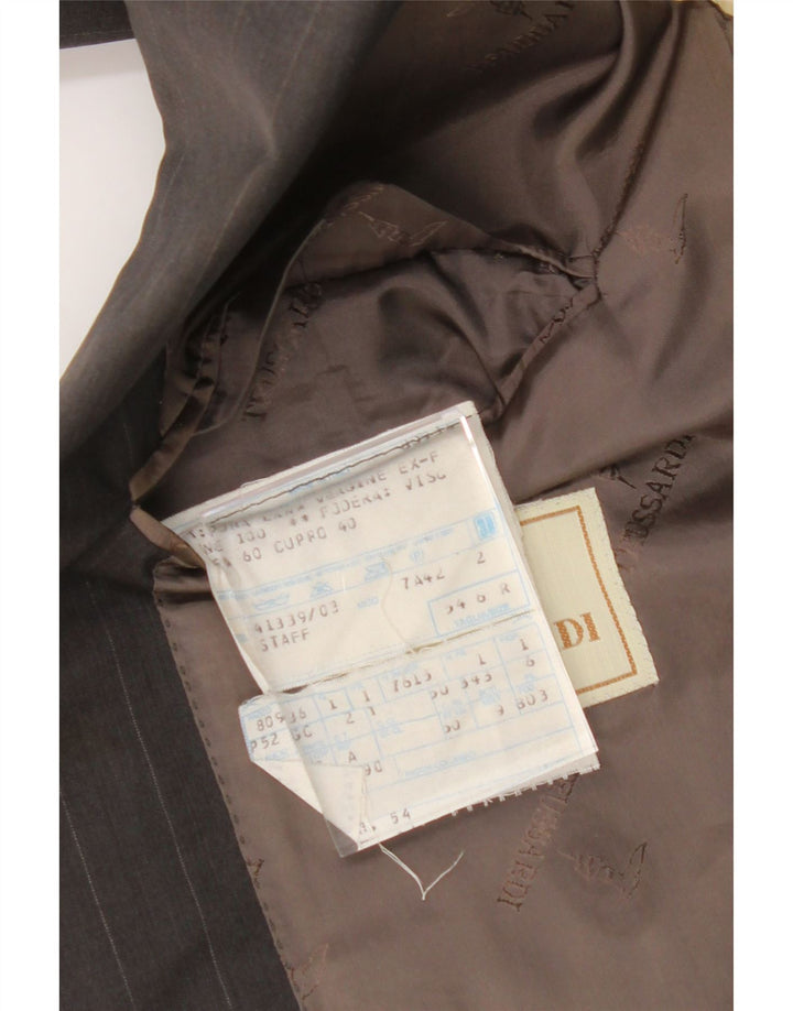 TRUSSARDI Mens 2 Button Blazer Jacket IT 54 2XL Grey Pinstripe Virgin Wool Vintage Trussardi and Second-Hand Trussardi from Messina Hembry 