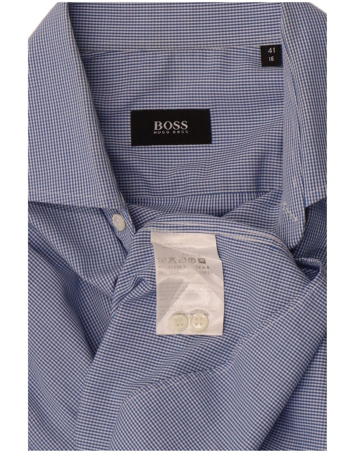 Hugo Boss Mens Shirt Size 41 16 Large Blue Gingham Cotton