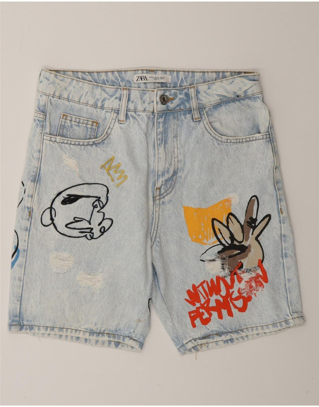 ZARA Mens Distressed Graphic Denim Shorts EU 38 Small W30  Blue Cotton