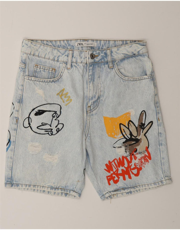 ZARA Mens Distressed Graphic Denim Shorts EU 38 Small W30  Blue Cotton