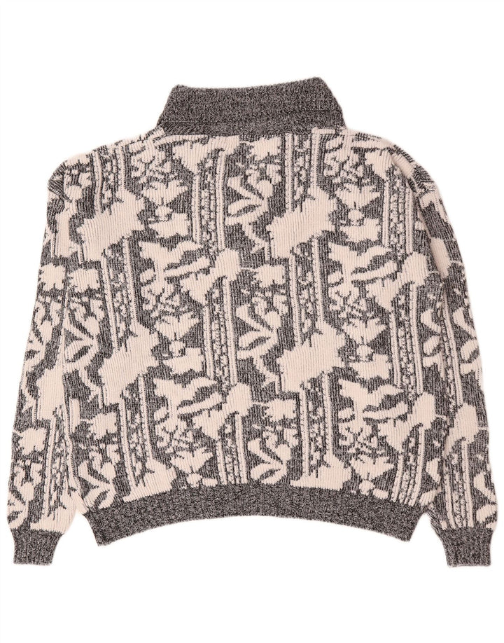 Vintage Mens Abstract Pattern Shawl Neck Jumper Sweater XL Grey