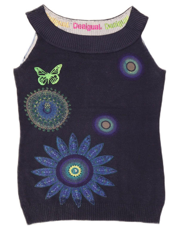 Desigual Womens Vest Tank Top UK 10 Small Navy Blue Floral Butterfly