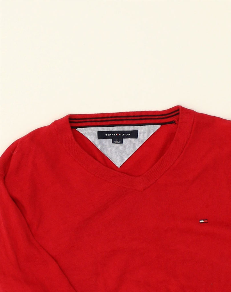 TOMMY HILFIGER Mens V-Neck Jumper Sweater Medium Red Cotton | Vintage Tommy Hilfiger | Thrift | Second-Hand Tommy Hilfiger | Used Clothing | Messina Hembry 