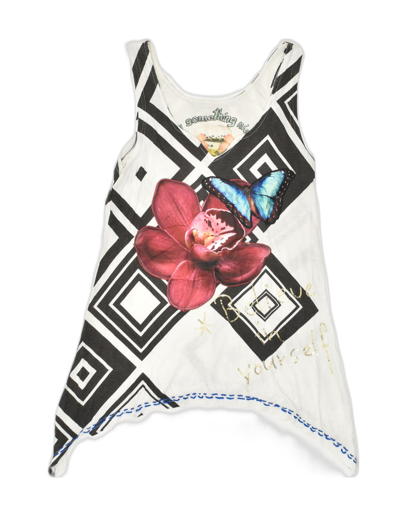 DESIGUAL Womens Graphic Sleeveless Tunic Top UK 8 Small White Geometric | Vintage Desigual | Thrift | Second-Hand Desigual | Used Clothing | Messina Hembry 