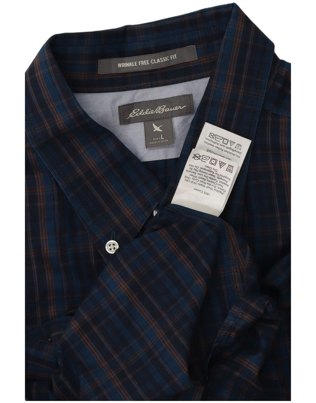 Eddie Bauer Mens Classic Fit Shirt Large Navy Blue Check Cotton