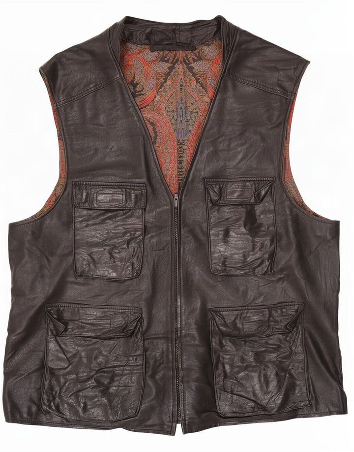 Vintage Mens Leather Utility Gilet UK 38 Medium Black