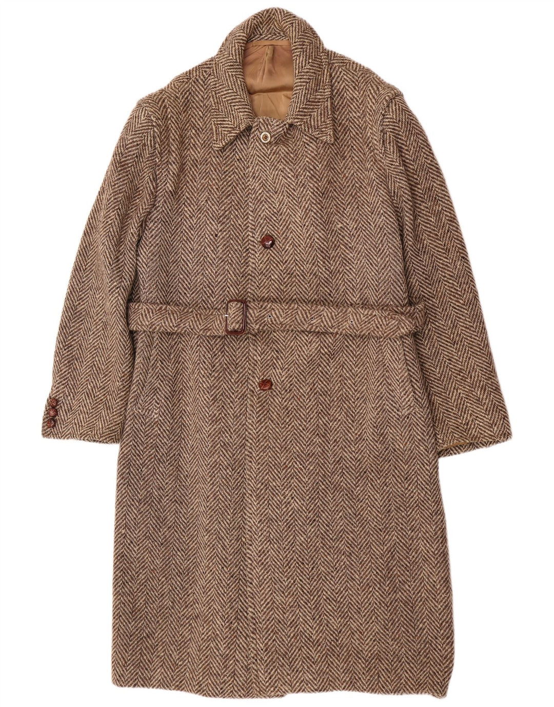 Moessmer Mens Overcoat UK 42 XL Brown Herringbone Wool