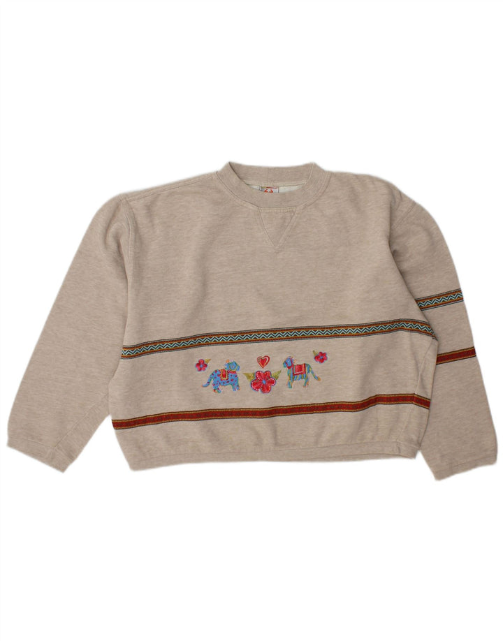 Stefanel Womens Crop Graphic Sweatshirt Jumper UK 14 Medium Grey Striped