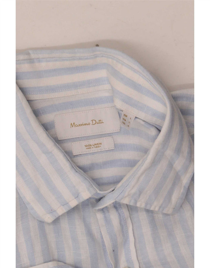 Massimo Dutti Mens Shirt Large Blue Pinstripe Linen