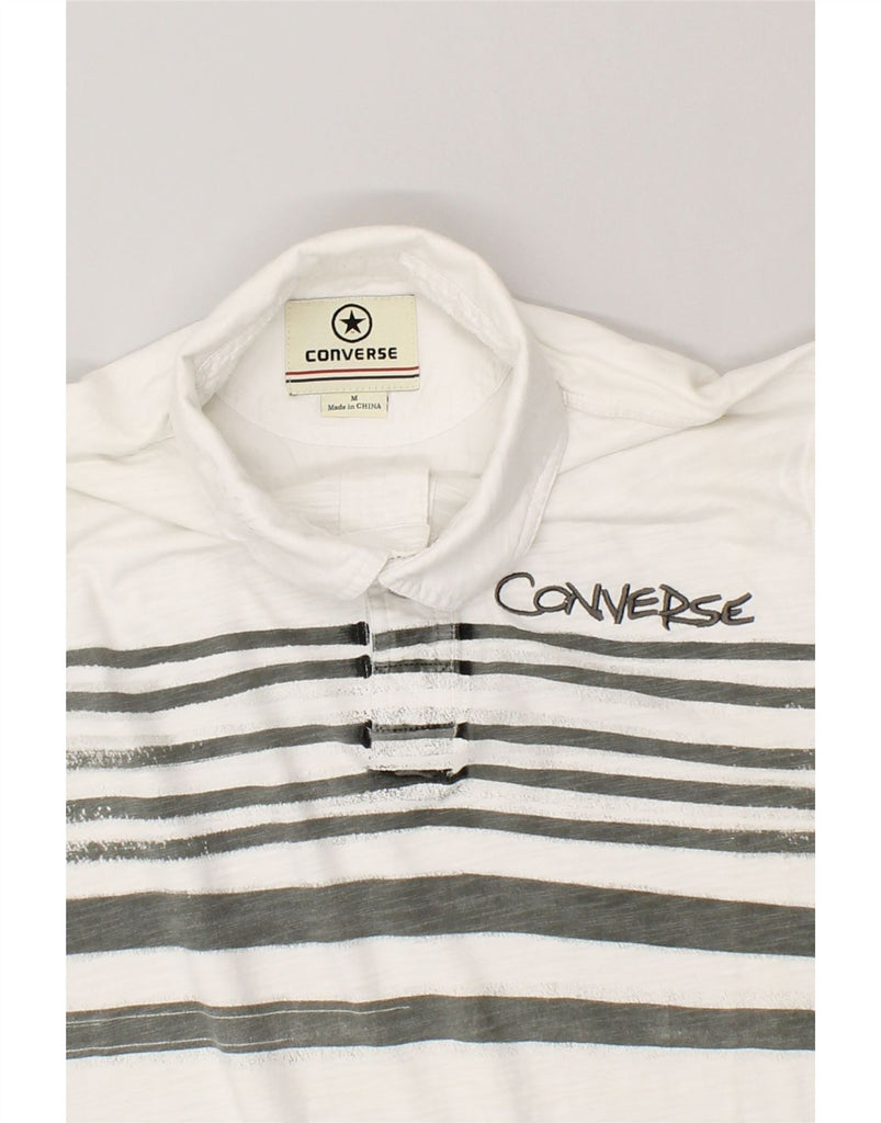 CONVERSE Mens Graphic Polo Shirt Medium White Striped Cotton | Vintage Converse | Thrift | Second-Hand Converse | Used Clothing | Messina Hembry 