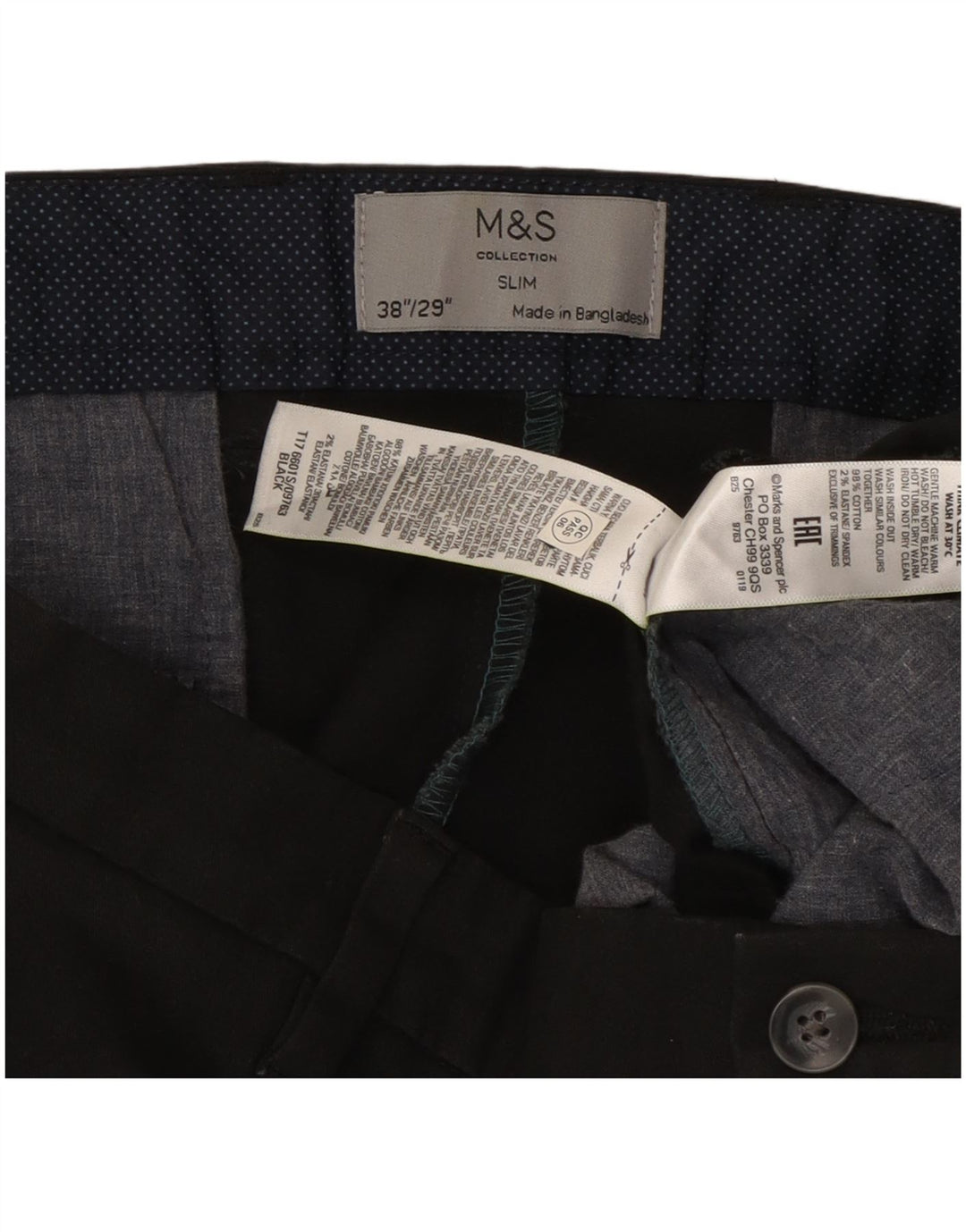 Marks & Spencer Mens Slim Chino Trousers W38 L29 Black Cotton