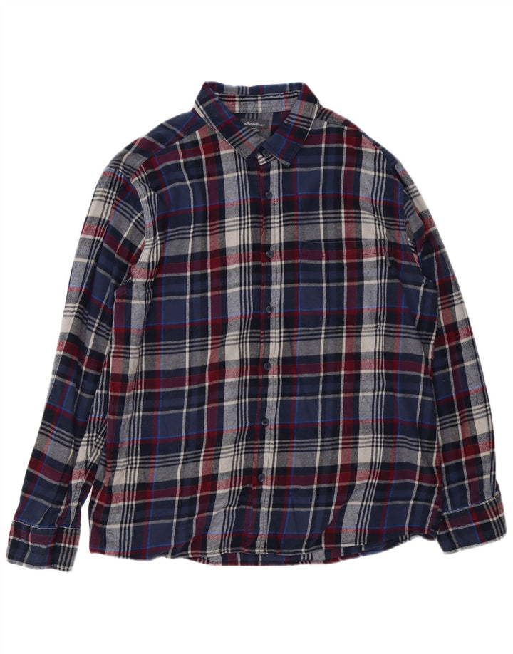 EDDIE BAUER Mens Flannel Shirt 2XL Navy Blue Check Cotton