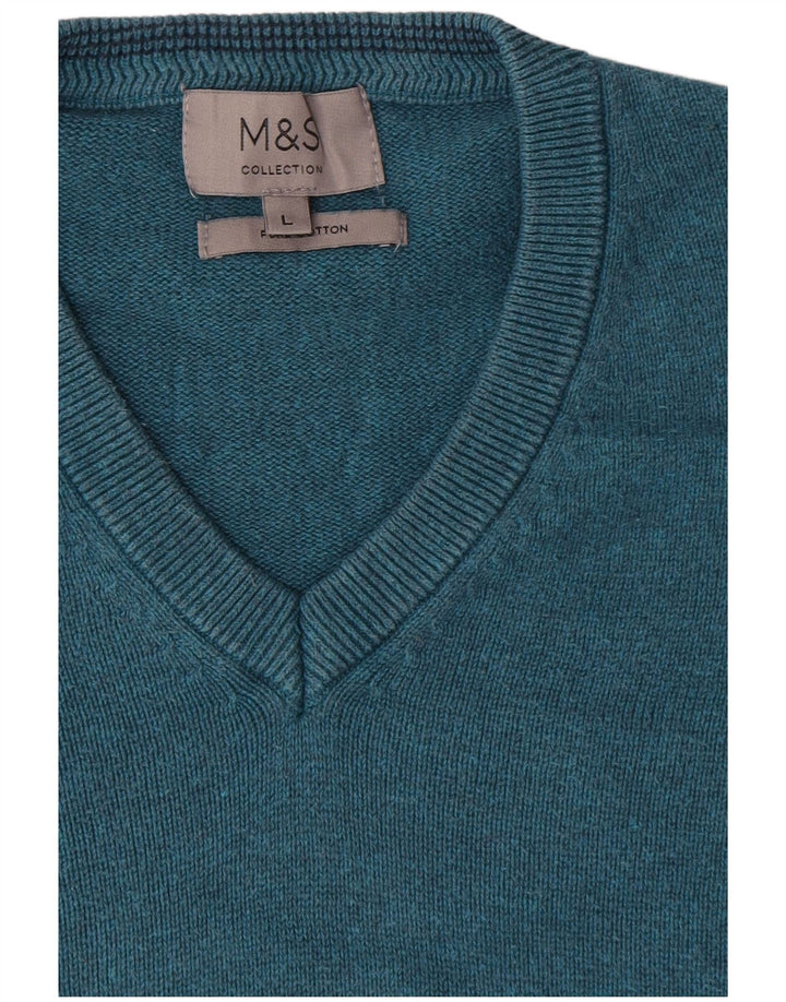 Marks & Spencer Mens V-Neck Jumper Sweater Large Blue Cotton