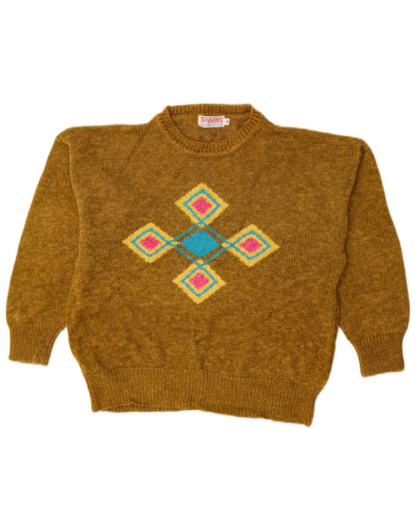 VINTAGE Womens Crew Neck Jumper Sweater UK 14 Medium Khaki Argyle/Diamond