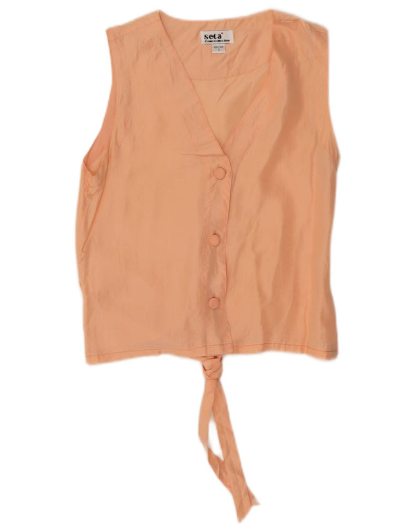 Vintage Womens Crop Sleeveless Shirt Blouse UK 10 Small Pink Silk