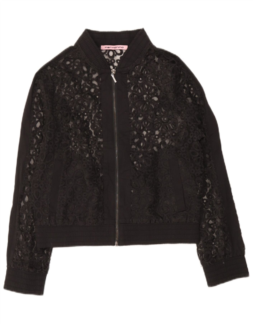 Fornarina Womens Lace Bomber Jacket UK 12 Medium Black Floral